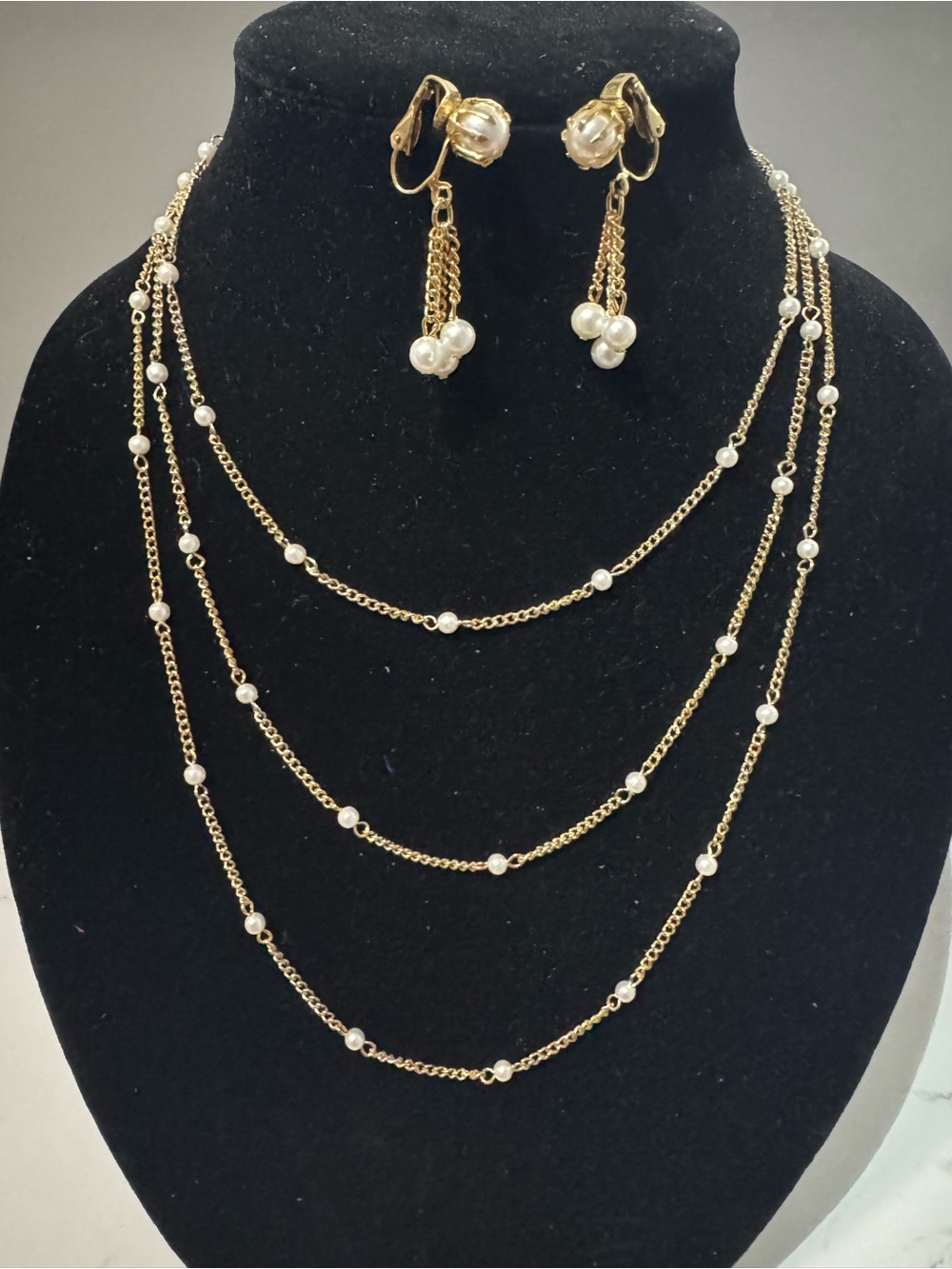 Park Lane Gold-Tone Pearl Station Multi-Layer Necklace and Drop Earrings
